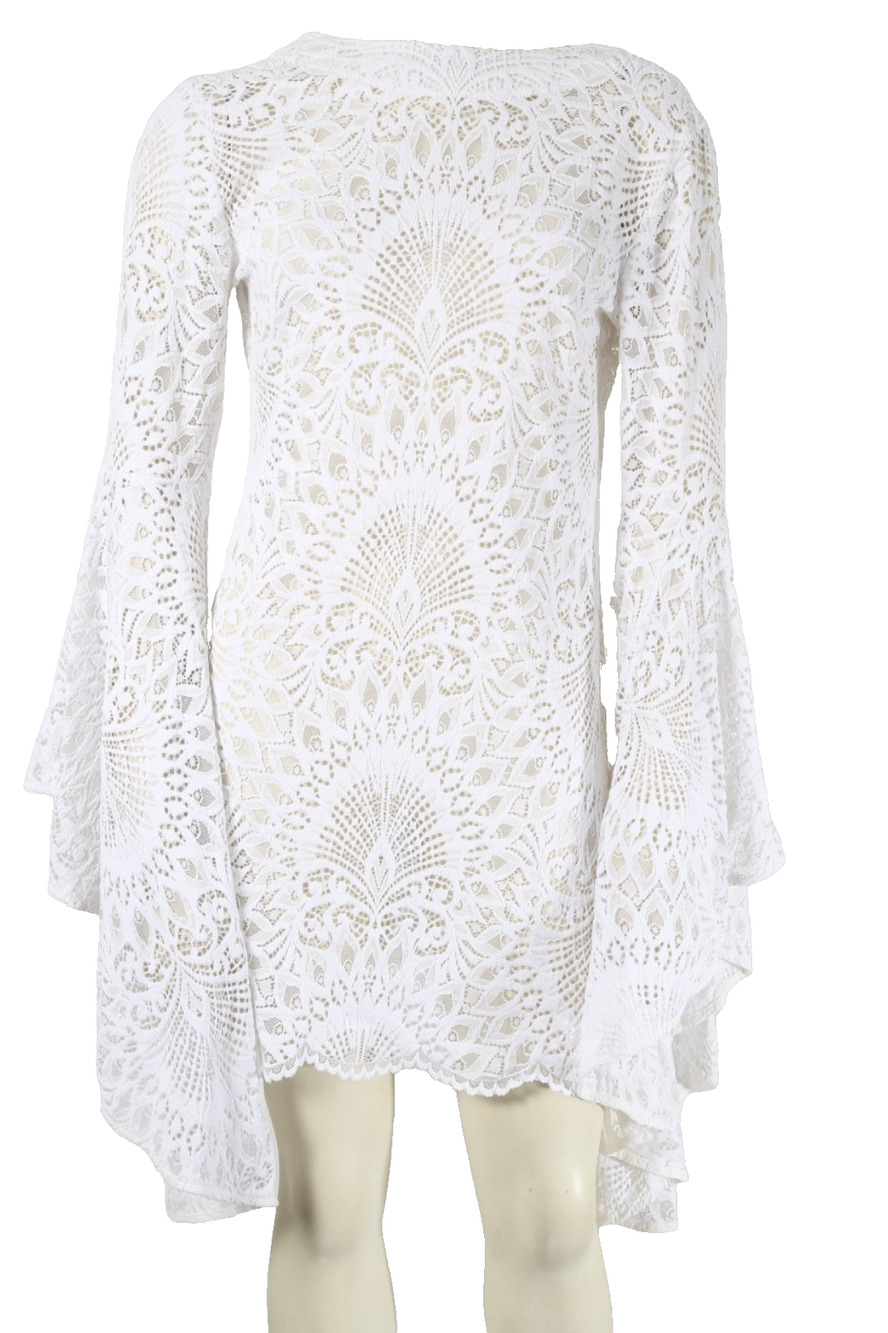 ALEXANDRA MIRO Mini Amara White Sheer Lace Bell Sleeve Tunic Cover-Up Dress Sz S
